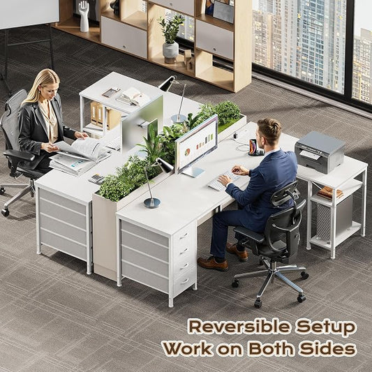 Huuger 55 Inch L Shaped Desk with Fabric Drawers, Reversible Computer Gaming Desk with Power Outlets and USB-C Port, Adjustable Side Storage Shelves, for Work Corner Home Office, White