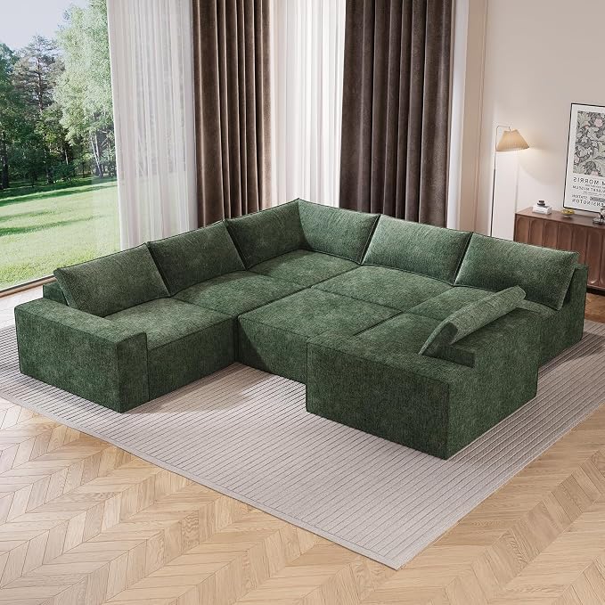 Vesgantti 143.7" Oversized Boneless Couch, Modern 7 Seater Modular Sectional Sofa with Deep Seat, Convertible Chenille Cloud Couches for Living Room, No Assembly Required, Green