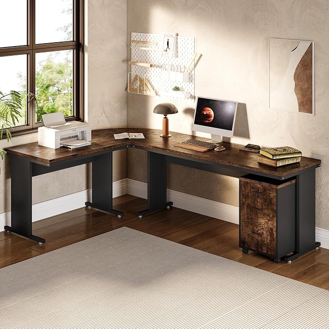LITTLE TREE 83 Inch L-Shaped Office Desk with Drawers, Large Executive Office Desk with Storage, Wooden Computer Desk with File Cabinet, Modern Work Desk for Home Office, Brown