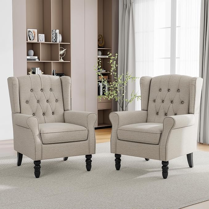 Mid-Century Modern Wingback Accent Chair – Ergonomic High Back Lounge Chair with Plush Fabric, Solid Oak Legs, Retro Reading Armchair for Living Room, Bedroom, Home Office, Grayish Beige