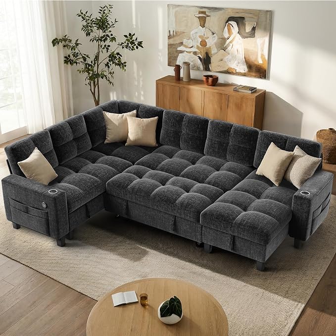 AMADA HOMEFURNISHING 110'' Modular Sectional Sleeper Sofa with Pull Out Couch, U Shaped 7 Seat Sectional Sofa with Storage, USB Ports & Cup Holders, Chenille Cloud Couches for Living Room, Dark Grey