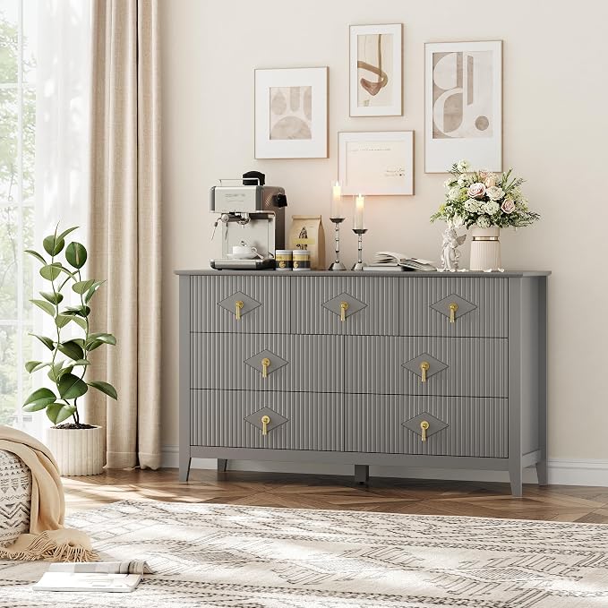 GarveeHome Fluted Dresser for Bedroom, 54 Inch Wide 7-Drawer Wood Dresser, Modern Chest of Drawers, Storage Organizer Cabinet for Living Room, Hallway, Entryway, Grey