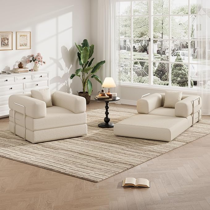 Single Couch Sofa for Small Spaces 2 in 1 Convertible Sofa to Lounger Comfy Bean Bag Chair for Adults with Removable Cover with Pillows for Bedroom, Apartment, Office (Beige, 35.43" Single Sofa)