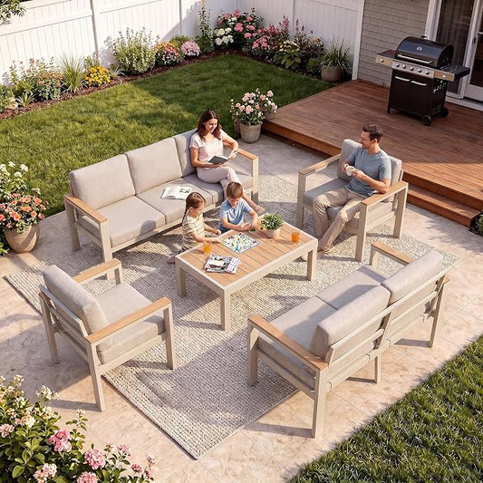 7-Seater Beige Aluminum Patio Conversation Set, Outdoor Sectional Sofa Set with Coffee Table, 1.5mm Thick Powder-Coated Frame, Weather Resistant Outdoor Furniture with Washable Waterproof Cushions