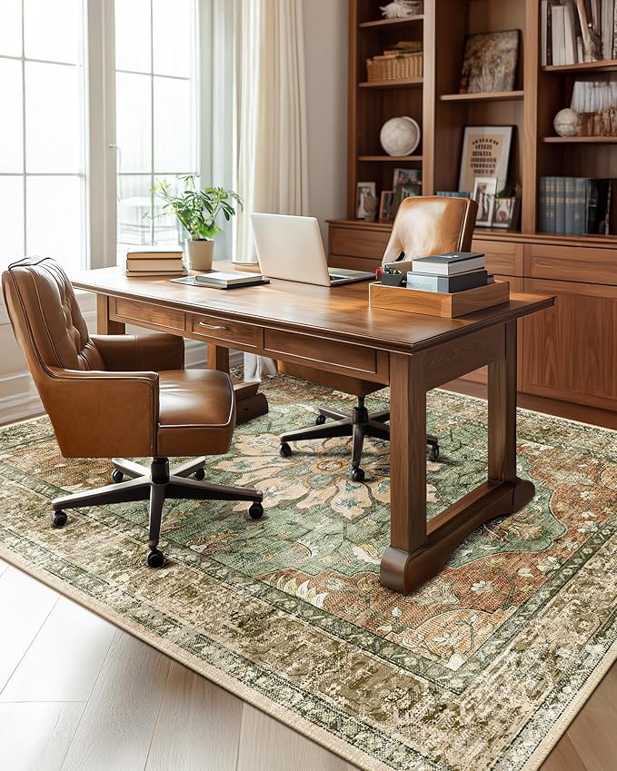 RELEANY Area Rugs 5'x8' Washable Non-Slip, Floral Vintage Distress Medallion Carpet for Living Room Bedroom Dining Room, Terracotta Burnt Orange Green