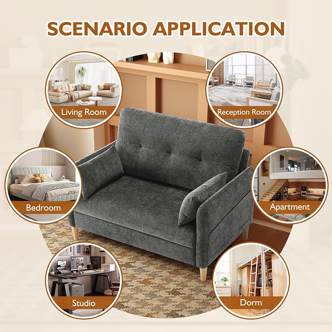 Urhanherry 47" Small Sofa Couch for Bedroom, Soft Chenille loveseat Mini Couch with Throw Pillow and Removable Cushion Cover for Small Spaces, Living Room, Apartment, Dorm, Office(Dark Grey)