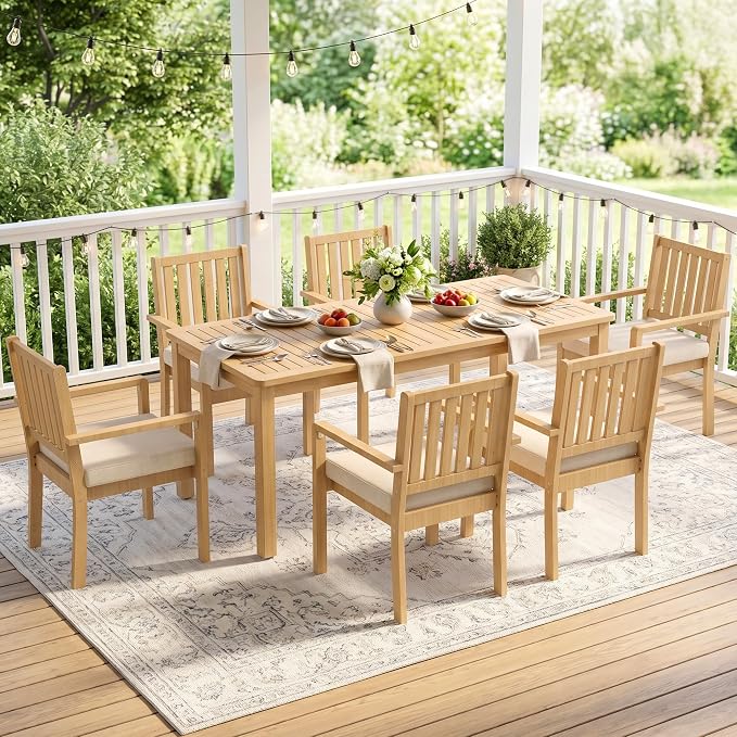 FansaFurn 7 Pieces Acacia Outdoor Patio Table and Chairs Set for 6, Outdoor Dining Table Set with Cushion, Modern Outdoor Patio Furniture Set for Backyard Garden Deck Lawn, Beige