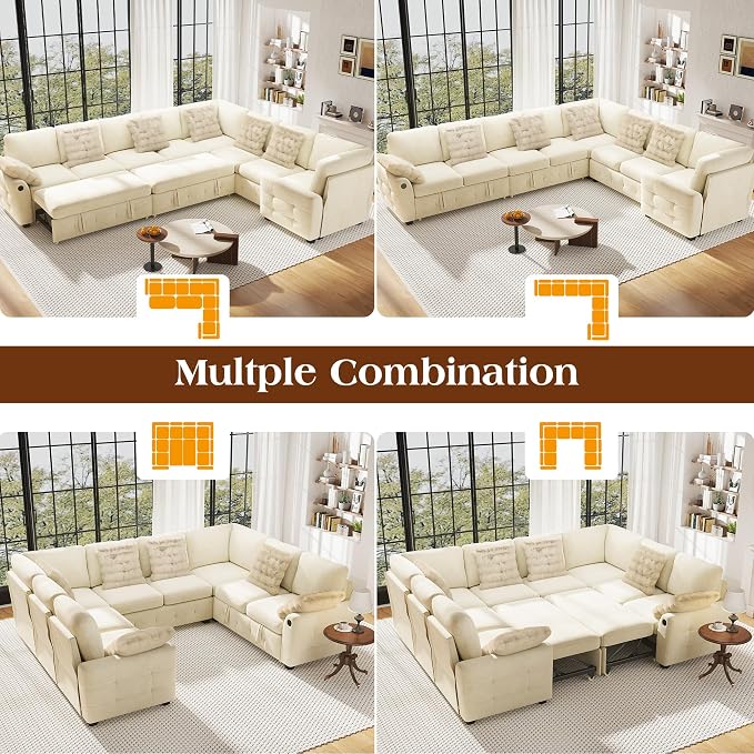 Ihanherry Large U-Shaped Sectional Sofa Bed, 8-Seater Convertible Sleeper with Storage Ottoman & 6 Pillows, USB Charging Ports, Premium Chenille Fabric for Big Living Room, Family Theater(Beige)