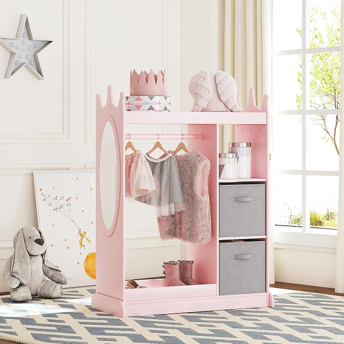 UTEX Kids Armoire Wardrobe Closet with Mirror and Storage Bin, Pink, 33.4 in W x 15.75 in D x 44.5 in H | See and Store Kids Wardrobe, Toddler Dress Up Rack, Open Hanging Armoire Closet, Water-based Paint, Princess Style