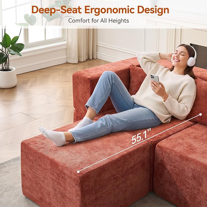 MONVANE Modular Sectional Sofa, Oversized 10 Seat Convertible U Shaped Couch with Ottoman, Comfy Chenille Cloud Couch with Deep Seat, Sectional Couches for Living Room, No Assembly Required, Rust Red