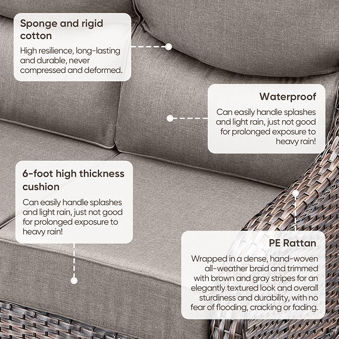 Luxury Patio Sofa 3-Seat Wicker Couch with 6" Thick Cushion - Outdoor Furniture Rattan Sofa with Deep Seating High Back Outdoor Sofa for Patio Garden Balcony Sunroom Backyard, Brown Grey