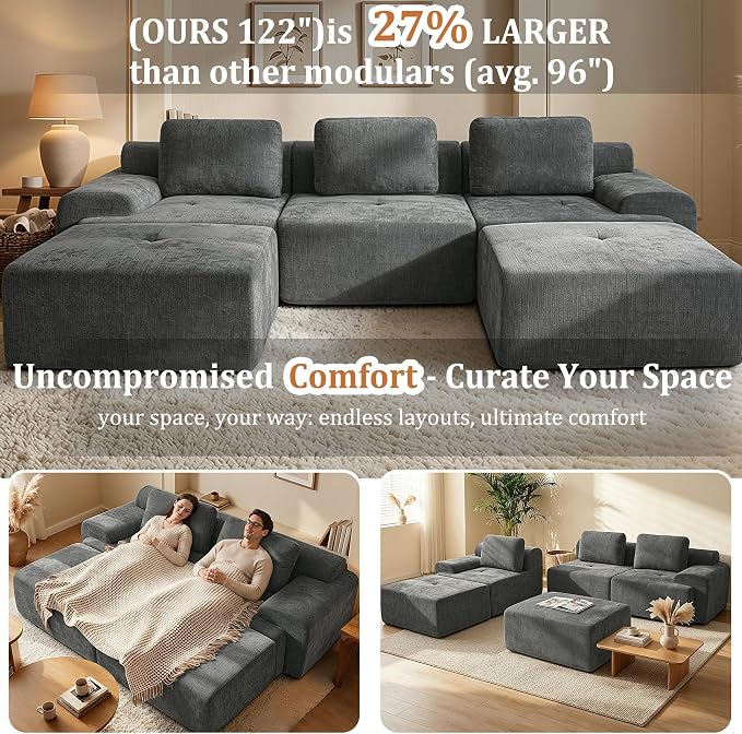 85" L Shaped Oversized Cloud Couch, Comfort Boneless Sectional Couches for Living Room, Modular Sofa High Back & Extra Deep Seat, No Assembly, Soft Chenille (Dark Grey, 85 inch- L Shaped(2+1))