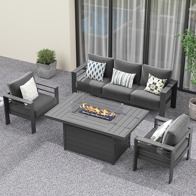 Solaste Aluminum Patio Furniture Set with Fire Pit Table, 4 Piece Metal Outdoor Furniture with Water-Resistant Cushions, Modern Patio Conversation Set for Balcony, Front Porch, and Backyard, Grey