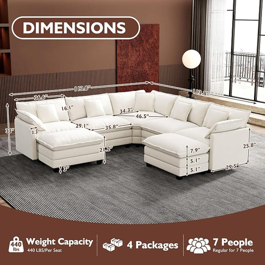 Ihanherry 114" V-Shaped Modern Sofa Modular Sectional Cloud Couch with 2 Ottoman, 7-Seat Chenille Deep Seat Sofa with Corner Section for Living Room, Bedroom and Apartment, Beige