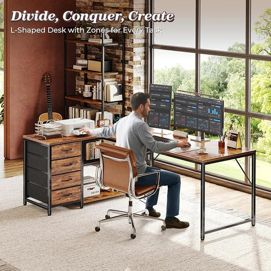 PRAISUN 61" L Shaped Desk with Power Outlets & USB-C Port, Reversible Computer Corner Office Desk with 4 Fabric Drawers and 2 Storage Shelves, Large Desk for Gaming Writing Study, Rustic Brown