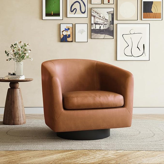 Faux Leather Swivel Barrel Accent Chairs Set of 2, Comfy Club Chair Upholstered Round Armchair for Lving Room, Brown