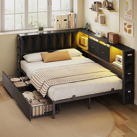 MapleGrace Full Corner Bed Frame with Upholstered Storage Headboard and Drawers, Metal Platform Bed Frame with LED Light and Charging Station, Full Daybed for Living Room, Bedroom & Guest Room, Black