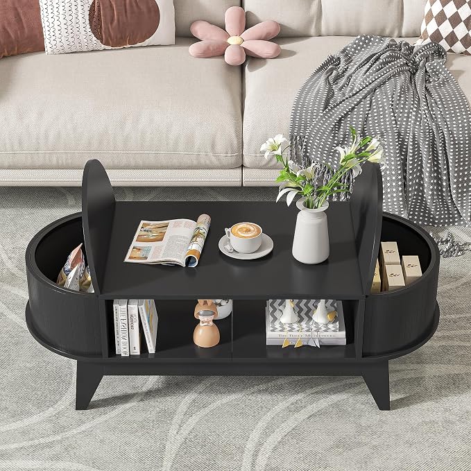 Coffee Table with 2 Hidden Storage,Mid Century Modern Coffee Table with Fluted Finish,Wood Center Tables Oval Coffee Tables with Flip-Top Lids for Living Room Home Office (Black)