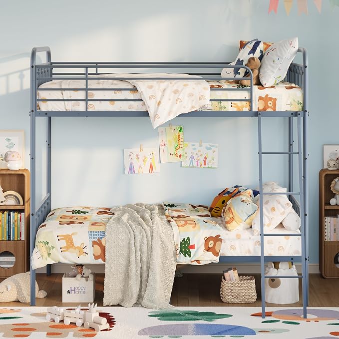 SHA CERLIN Convertible Twin Over Twin Bunk Bed, CPC Certified,Gray | Victorian Iron-Art Headboard and Footboard,Space-Saving Metal Bunk Bed with Guardrail & Ladder,No Box Spring Needed