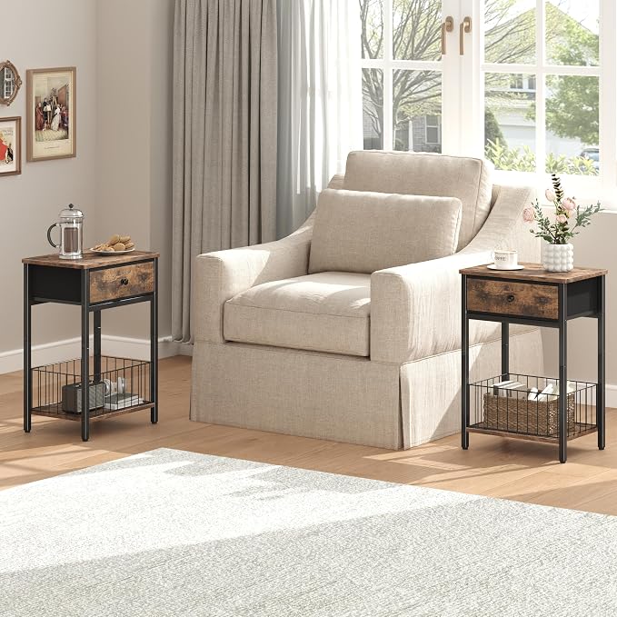 End Tables Bedroom, Night Stand with Drawers, Industrial nightstand, Nightstand with Fabric Bins, Bedside Table End Table for Bedroom, Closet, Entryway, College Dorm, Rustic Brown LNT0061BR