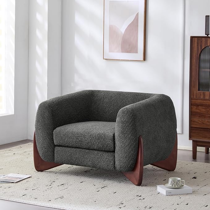 Christopher Knight Home Holly Modern Boucle Fabric Upholstered Club Chair for Living Room, Home Office, Apartment, Relaxing Chair with Removable Cushion and Birch Wood Legs, Dark Gray + Walnut