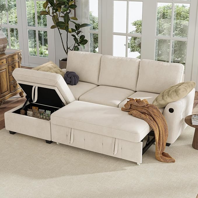 Hanherry 81" Sectional Couch with Pull Out Sofa Bed,Chenille Sleeper Sofa with Storage Ottoman & USB Charging,Comfy L Shaped Modular Couches for Living Room,Apartment