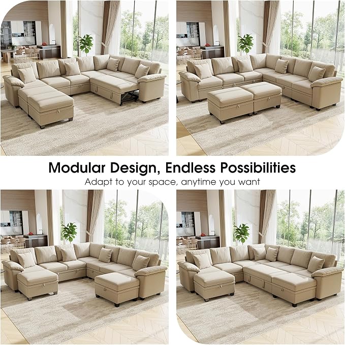 107.8" Oversized Modular Sectional Sofa with Pull Out Bed, 9 Seat U Shaped Sectional Sleeper Sofa with 291L Storage, Convertible Cloud Couch Bed, Sectional Couches for Living Room, Apartment (Sand)