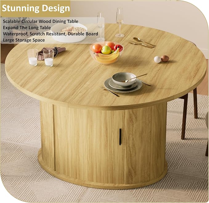 Dining Table for 4-6, 63“Extendable Round Dining Room Kitchen Table with 2-Tier Storage Shelf, Fluted Wood Table with Slide Door, Expandable Wood Oval Dinner Furniture with Pedestal Base (Oak)