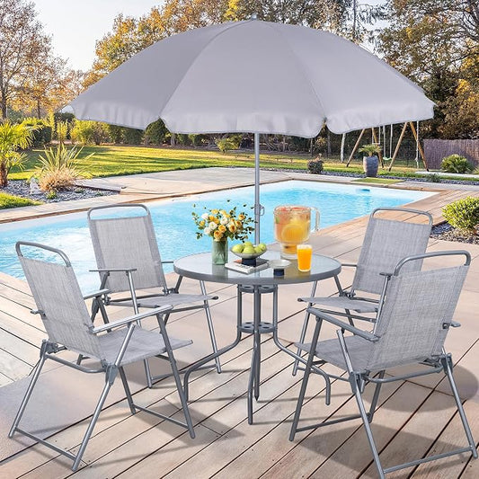 Vongrasig 6 Pieces Folding Patio Dining Set, All Weather Small Metal Outdoor Table and Chair Set, Garden Patio Furniture Set w/Umbrella, Glass Table & 4 Folding Chairs for Lawn, Backyard, Silver