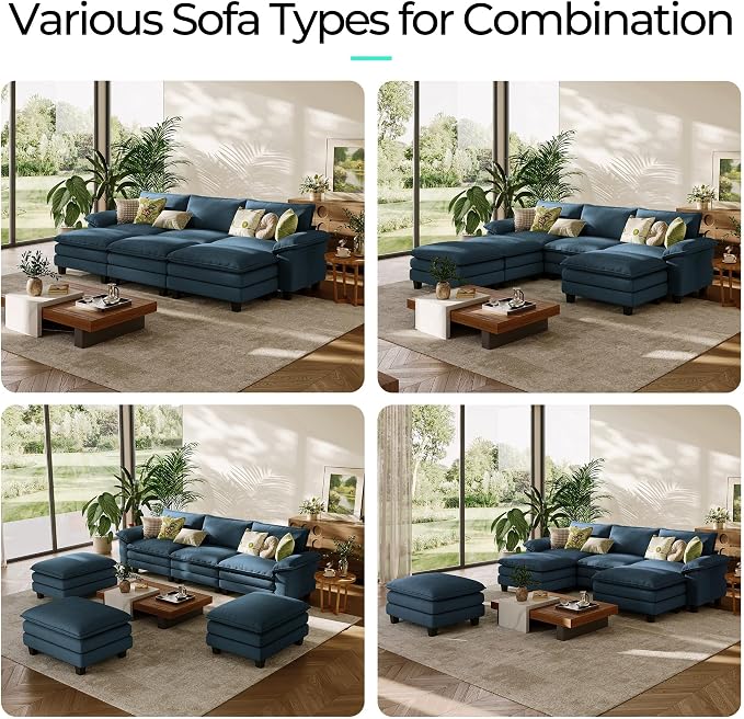 LINSY HOME 123'' Modular Sectional Sofa 3 Seat Couch Corduroy Cloud Couch with Deep Seat, Modern Cloud Couch with 3 Movable Ottoman for Living Room, Office, Bedroom, Blue