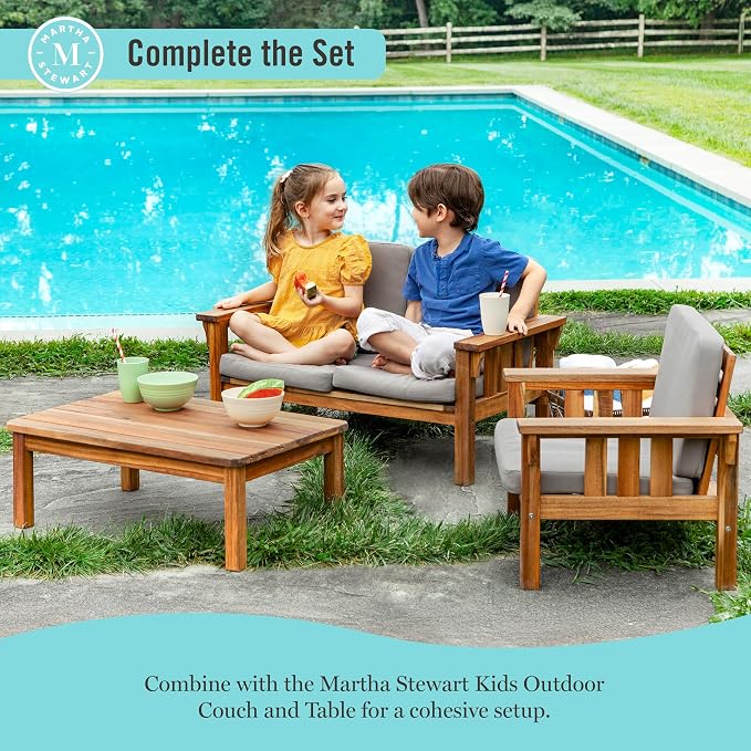 Martha Stewart Kids Outdoor Chair: Natural Acacia Wood Chair for Kids w/Gray Polyester Cushions, 10" Seat Height | Montessori Furniture for Backyard, Patio, and Outdoor Play & Learning Environments