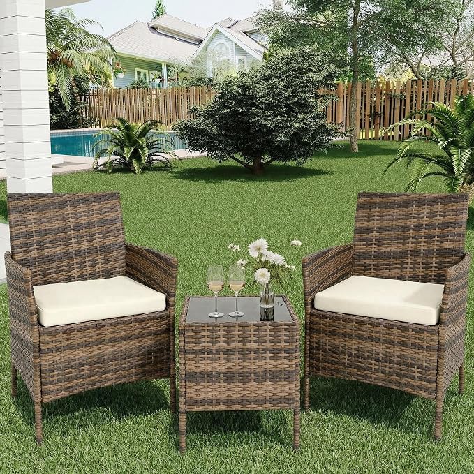 3 Piece Outdoor Patio Furniture Set, All-Weather Brown Wicker Rattan Conversation Set with Cushions, Chairs & Coffee Table for Porch, Backyard & Balcony