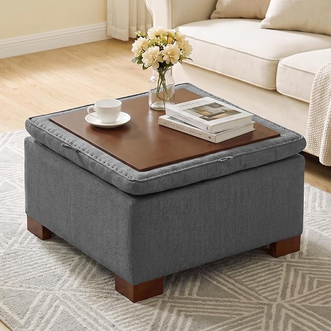 30 Inch Square Storage Ottoman Coffee Table, Modern Tufted Upholstered Ottoman with Flip Tray and Solid Wood Legs, Suitable for Living Rooms, Linen Grey