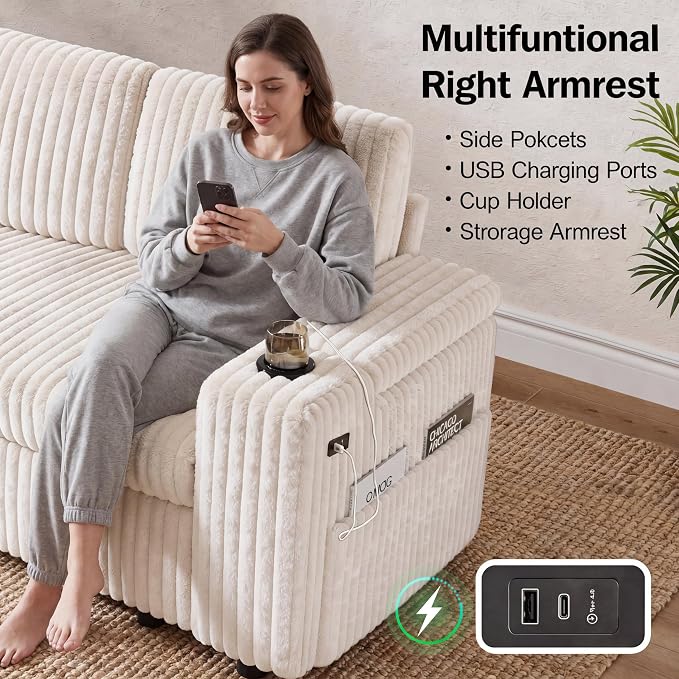 WEUP 108" Modular Sectional Sleeper Sofa with Pull Out Bed, 4 Seat Plush Corduroy U Shaped Couch with USB Ports|Cup Holders|Side Table|Storage Chaise Armrests, Tool Free Assembly, Beige
