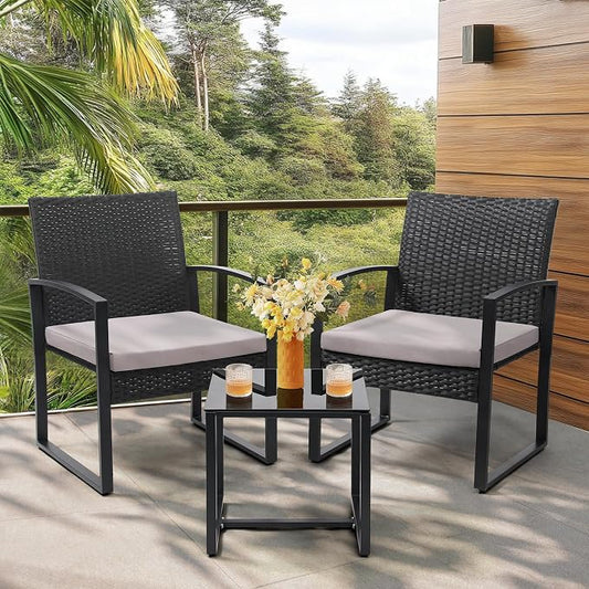 3 Piece Outdoor Wicker Bistro Set, Rattan Patio Conversation Set with Coffee Table & Washable Cushions for Porch Yard Balcony, Black/Grey