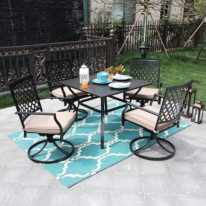 PHI VILLA 5 Pieces Outdoor Dining Set for 4, 37" Black Metal Table with Umbrella Hole & Swivel Wrought Iron Chairs with Cushions, Outside Furniture for Patio, Deck, Yard, Porch