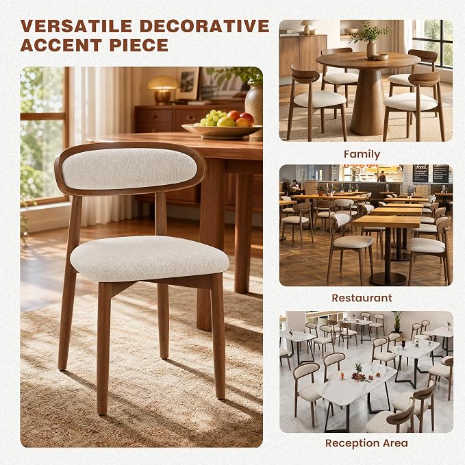 Wooden Dining Chairs Set of 6, Modern Fabric Upholstered Dining Room Chair, Kitchen Side Chairs, Farmhouse Dinner Chair with Curved Back for Kitchen, Beige