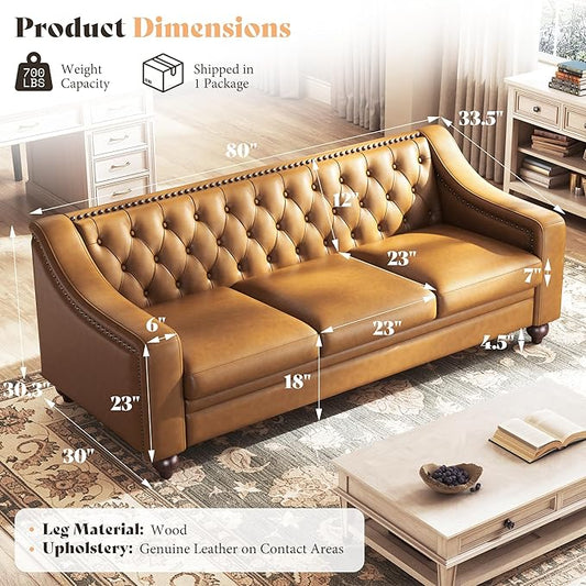AMERLIFE 80" Leather Sofa, Modern Chesterfield Genuine Leather Sofa, Tufted 3 Seater Brown Leather Couch with Curved Arms, Leather Couches for Living Room