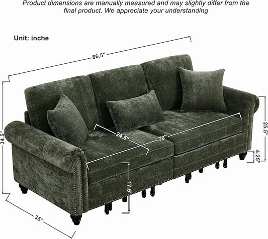 KEIKI King Size Pull Out Sofa Bed 3 in 1 Classic Modern Convertible Sleeper Chenille Upholstery Nailhead, Rolled Arm Sturdy Metal Frame 600 lbs for Living Room Apartment Office Small Spaces, Green