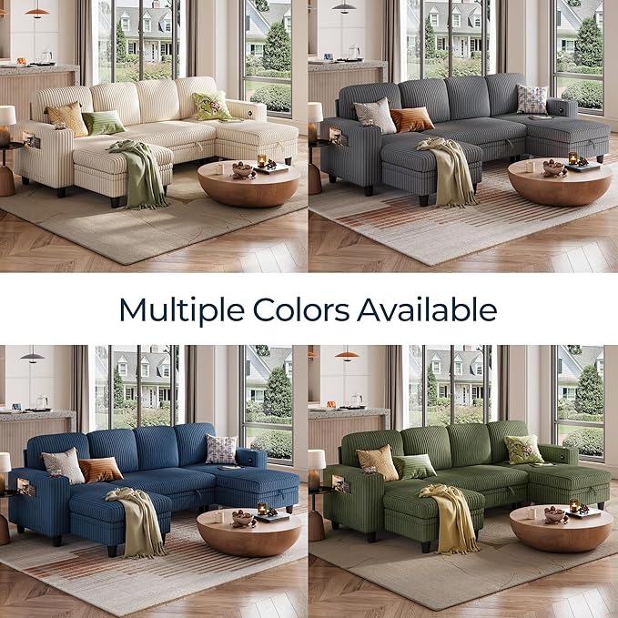 LINSY HOME Sectional Sleeper Sofa Pull Out Couches for Living Room (Blue, Sleeper Sofa 3) | Pull Out Sofa Bed, Storage, USB Charging, Cup Holders, Plush Corduroy