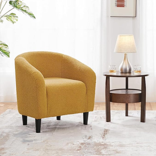 Topeakmart Barrel Chair, Soft Sherpa Accent Chair Side Chair Club Chair Modern Style Deep Seating Barrel Armchair for Living Room Furniture Reading Room Bedroom, Mustard Yellow