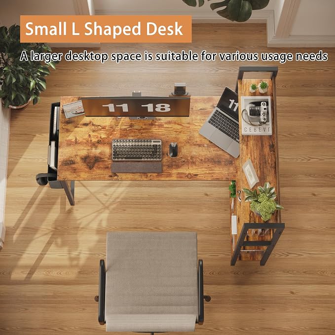 Treesland 55 Inch Computer Desk with Storage Shelves, L Shaped Desk with Storage, Corner Desk with Shelves, Home Office Desks, Bookshelf Desk, Writing Study Desk for Bedroom, Brown