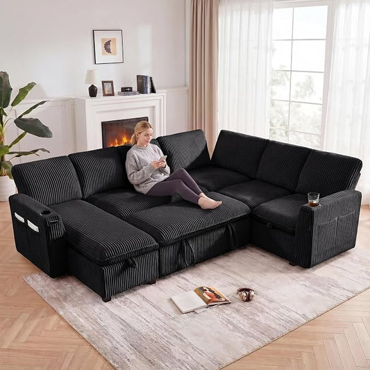 Sectional Sleeper Sofa with Pull Out Bed, Plush Corduroy 7 Seat Modular Sectional Sofa with Storage Chaise and Adjustable Backrest, Cloud Couches for Living Room, Apartment, Black