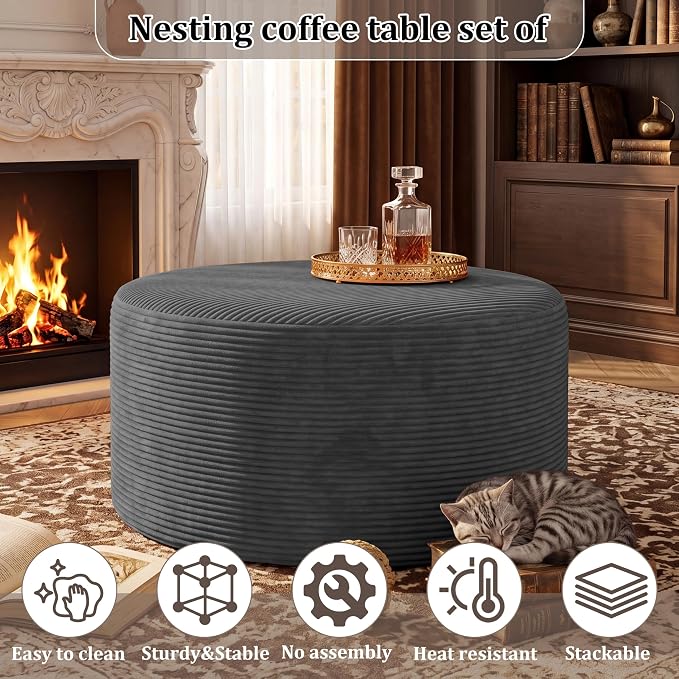 BSHOMGI Round Boneless Ottoman Oversized Ottomans for Living Room, Cloud Rectangle Pouf Coffee Table, Poofy Corduroy Foot Stoolsfor Living Room, Bedroom or Office