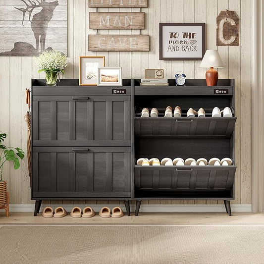 ChooChoo Shoe Storage Cabinet with 2 Flip Drawers, Deodorizing Shoe Organizer Storage for Entryway, Freestanding Hidden Slim Narrow Shoe Rack Cabinet, Black