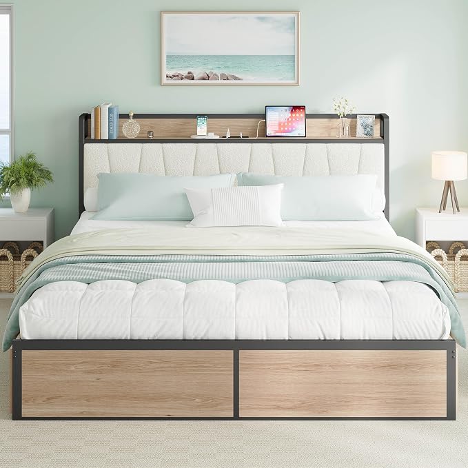 LIKIMIO California King Bed Frame with 4 Storage Drawers, Platform Bed with Charged Headboard, Sturdy and Stable, No Noise, No Box Spring Needed, Easy to Install, Wood and Cream