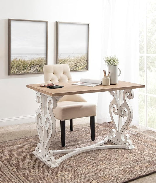Kate and Laurel Wyldwood Farmhouse Wooden Desk; 46 x 24 x 30; Brown and White; Rustic Carved Wood Computer Desk for Functional and Stylish Home Office Decor