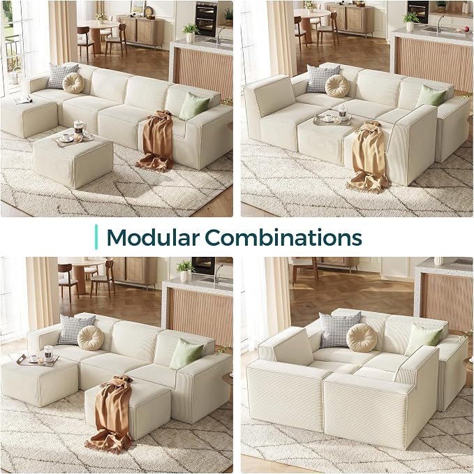 LINSY HOME Oversized Modular Sectional Sofa, 105" Cloud Couch L Shaped 3-Seat Sofa with 2 Movable Ottomans, Corduroy Sectional Couches for Living Room, No Assembly Required, Beige