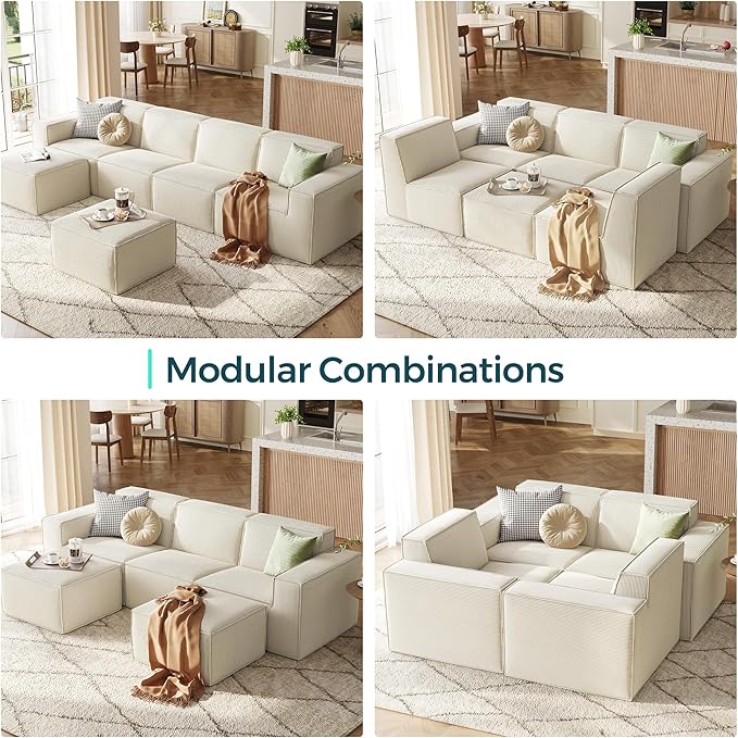 LINSY HOME Modular Sectional Sofa, 105" Boneless Couch L Shaped 3-Seat Sofa with Movable Ottoman, Corduroy Sectional Cloud Couches for Living Room, No Assembly Required, Beige
