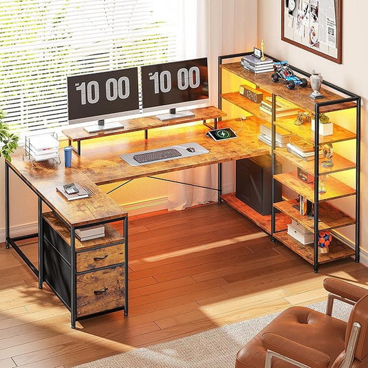 DurayLoly 63" L Shaped Desk with Monitor Stand & CPU Stand, Reversible Computer Desk with 6-Tier Shelves& 2 Fabric Drawers, Ergonomic Desk with Power Outlet & LED Lights for Home Office,Rustic Brown